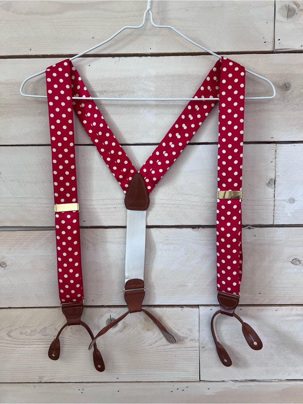 BROOKS BROTHERS Red White Polka Dot Suspenders Braces Leather Silk Solid Brass